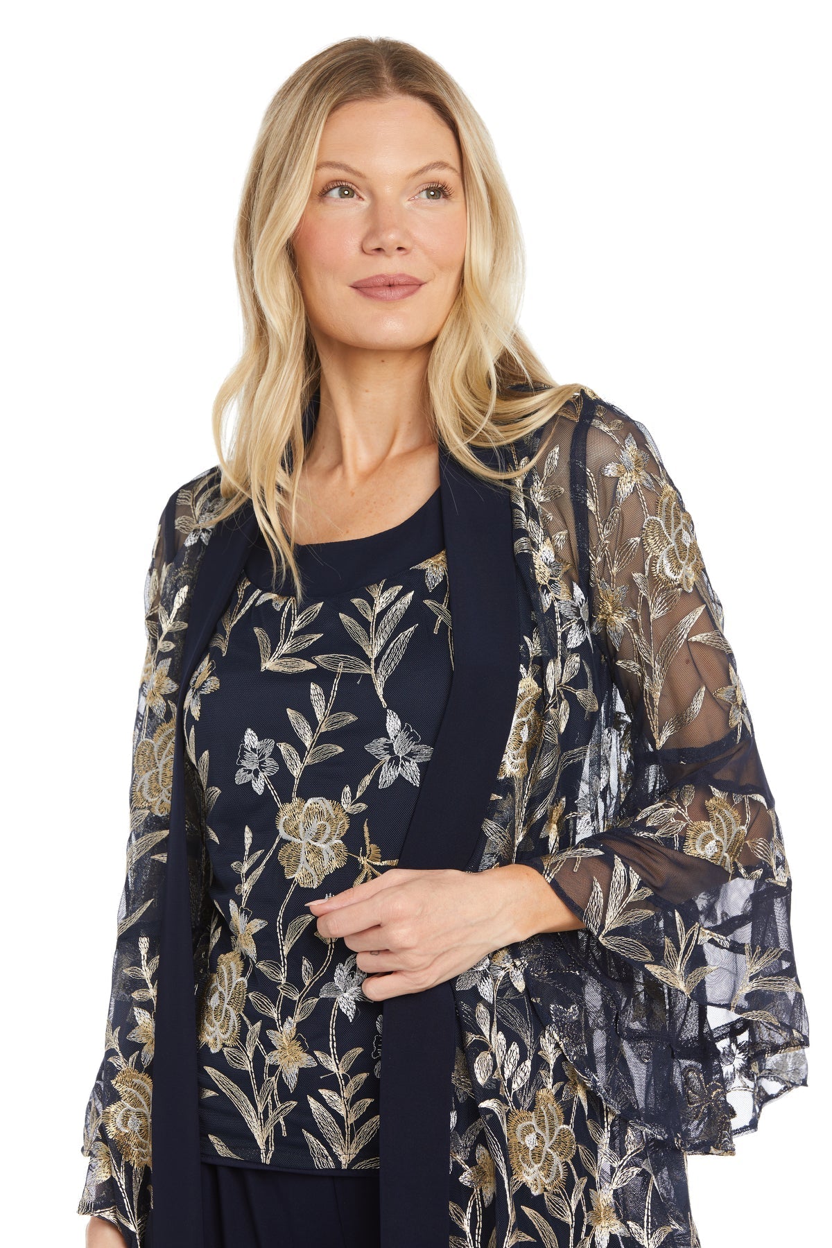 Pant Suit Long Formal Flutter Sleeve Pant Suit Navy/Gold