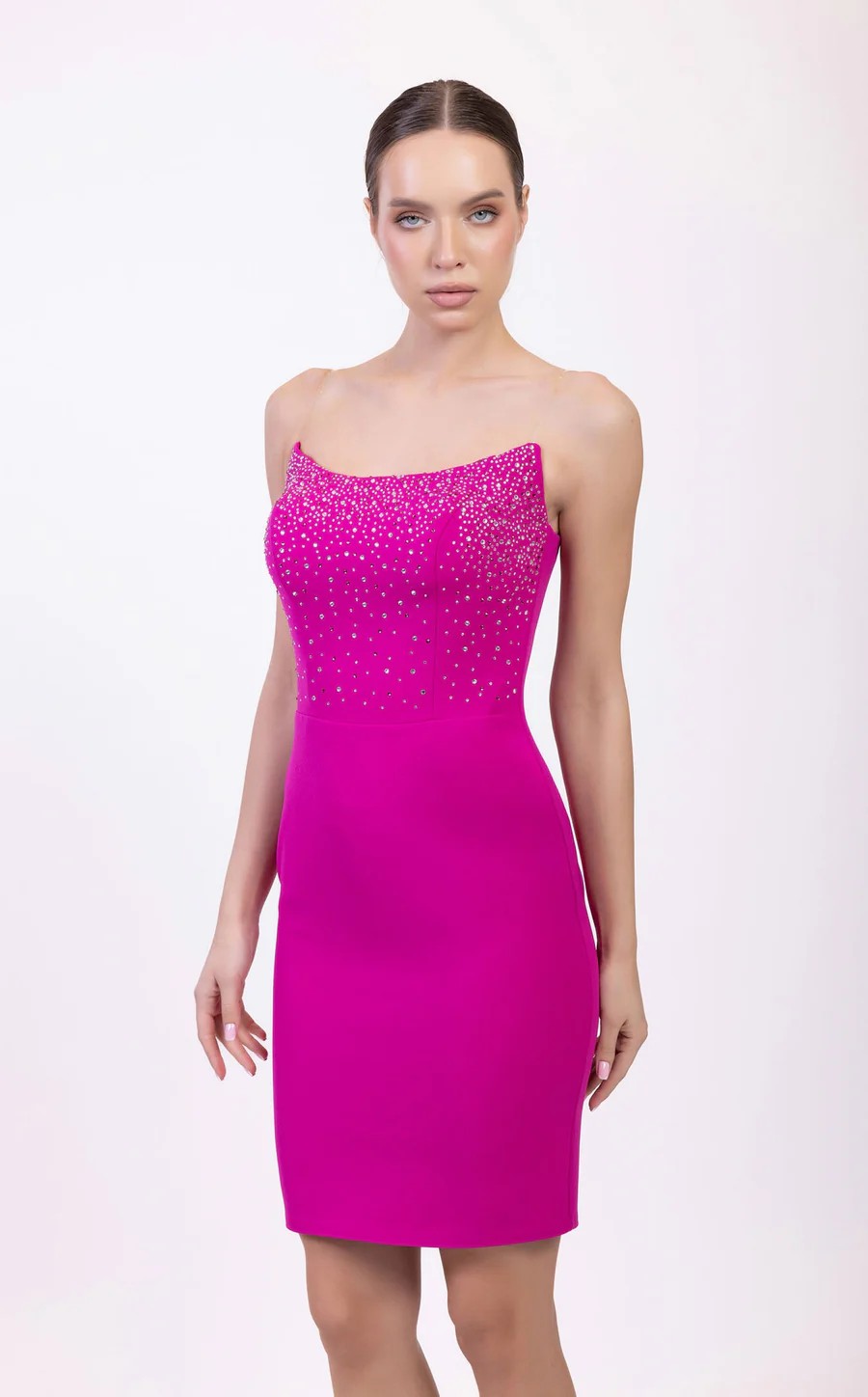 Cocktail Dresses Short Fitted Beaded Cocktail Mini Dress Fuchsia