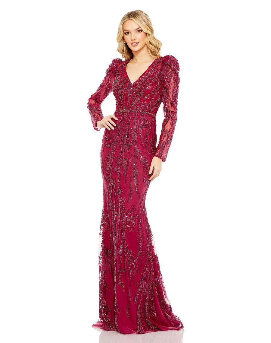 Formal Dresses Formal Long Sleeve Beaded Prom Dress Berry