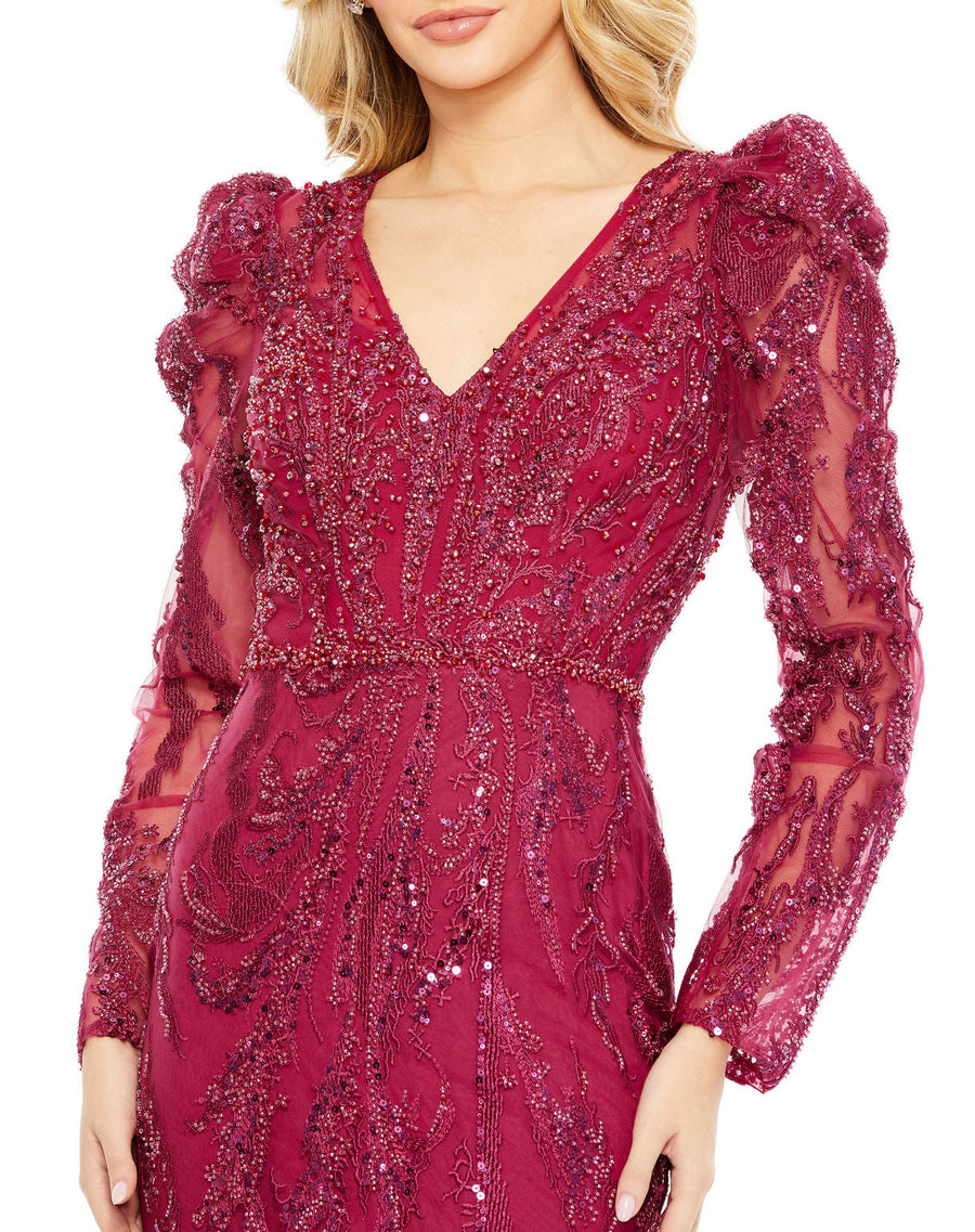 Formal Dresses Formal Long Sleeve Beaded Prom Dress Berry