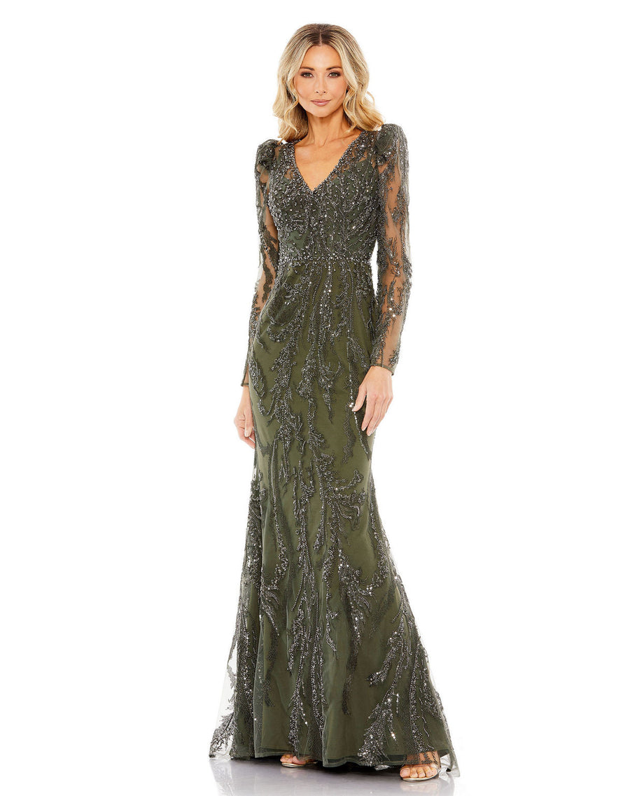 Formal Dresses Formal Long Sleeve Beaded Prom Dress Olive