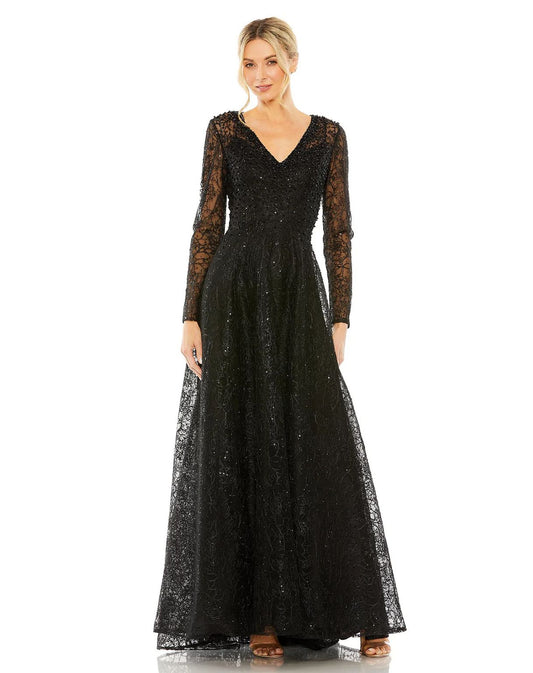 Mother of the Bride Dresses Crystal Embellished Long Sleeve V Neck Dress Black