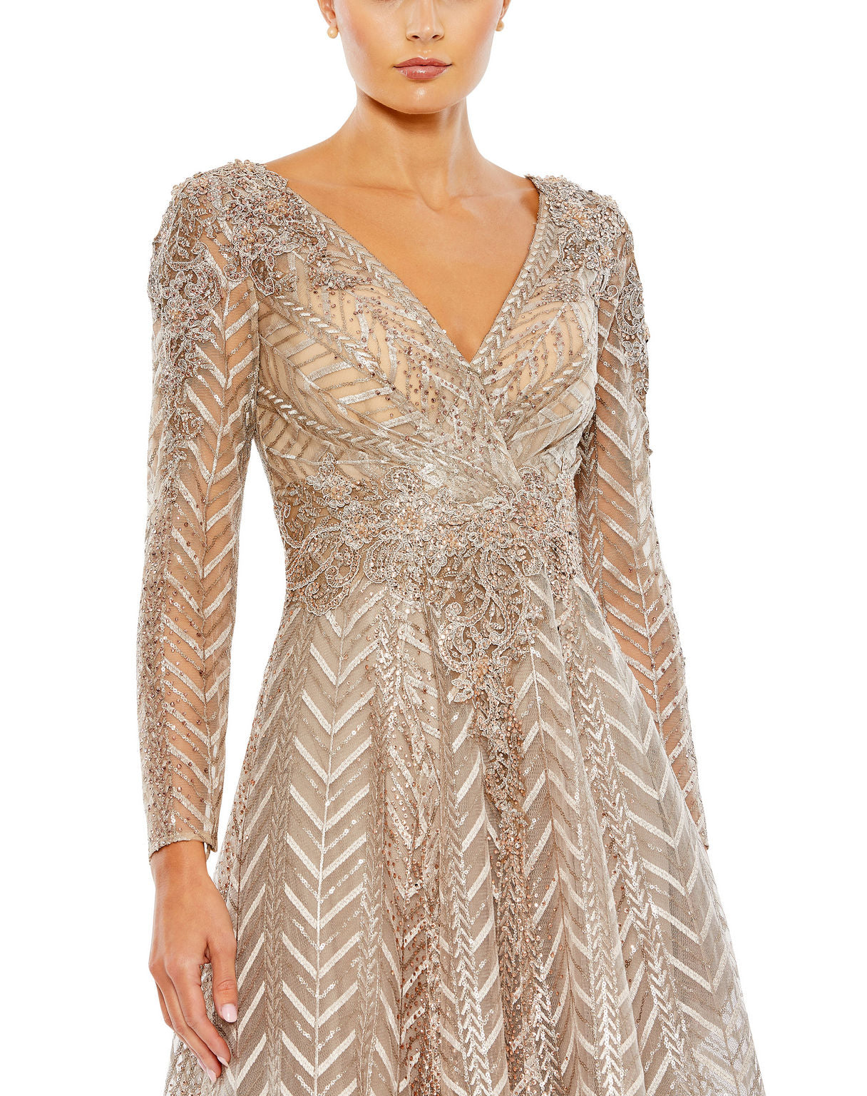 Cocktail Dresses Short Beaded Long Sleeve Cocktail Midi Dress Taupe