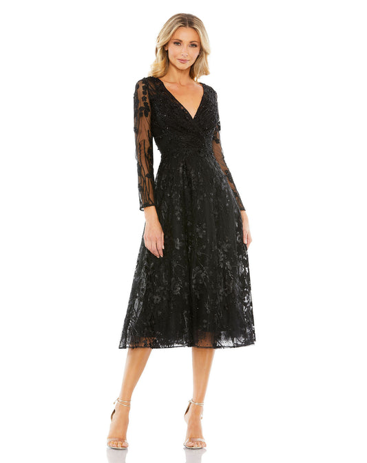 Cocktail Dresses Long Sleeve Cocktail Floral Beaded Short Midi Dress Black