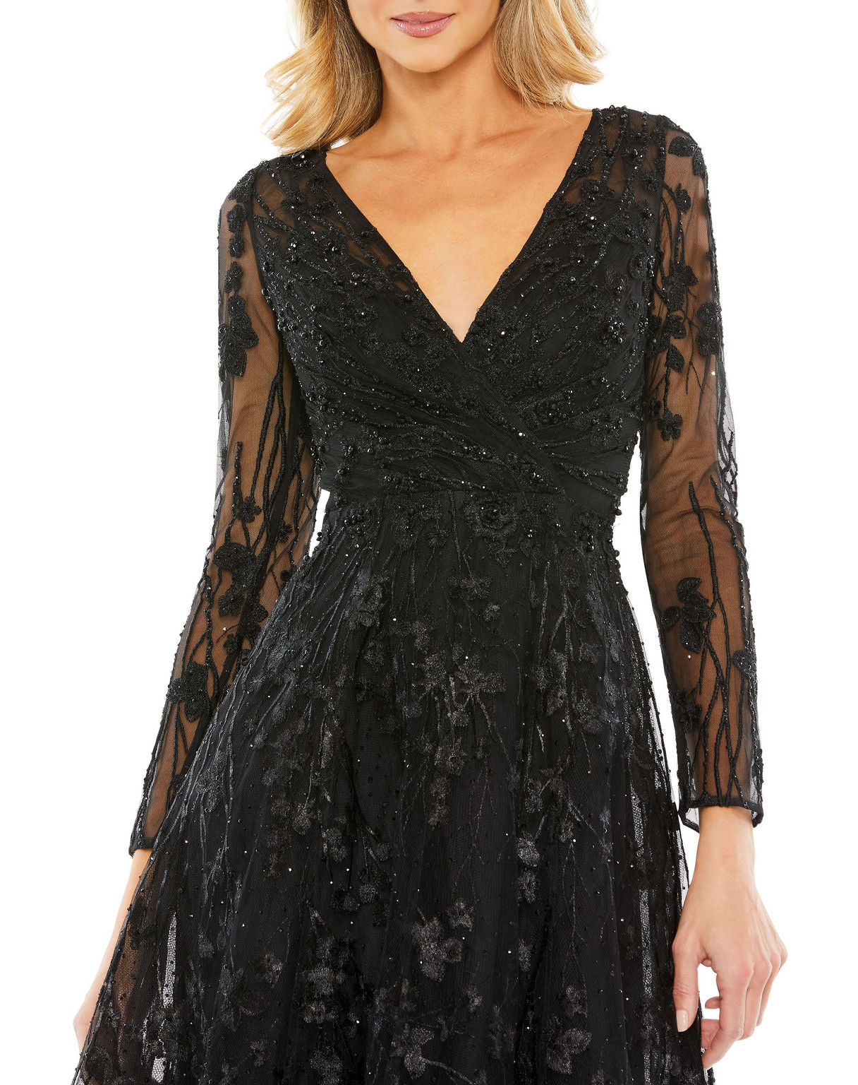 Cocktail Dresses Long Sleeve Cocktail Floral Beaded Short Midi Dress Black