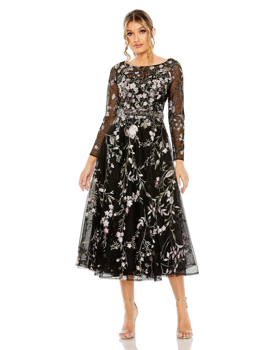 Cocktail Dresses Short Cocktail Long Sleeve Floral Midi Dress Black