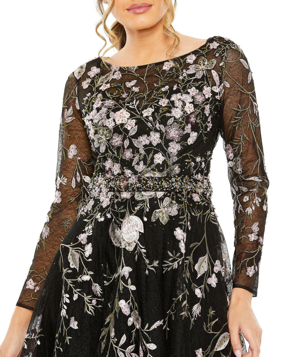 Cocktail Dresses Short Cocktail Long Sleeve Floral Midi Dress Black