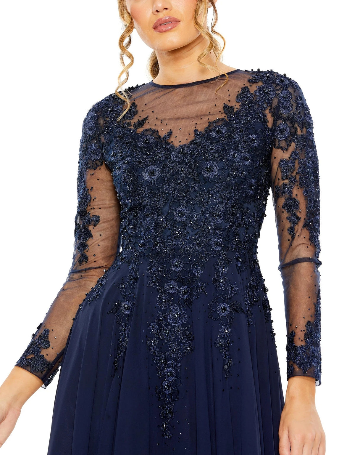 Mother of the Bride Dresses High Neck Long Sleeve Embellished A Line Dress Midnight