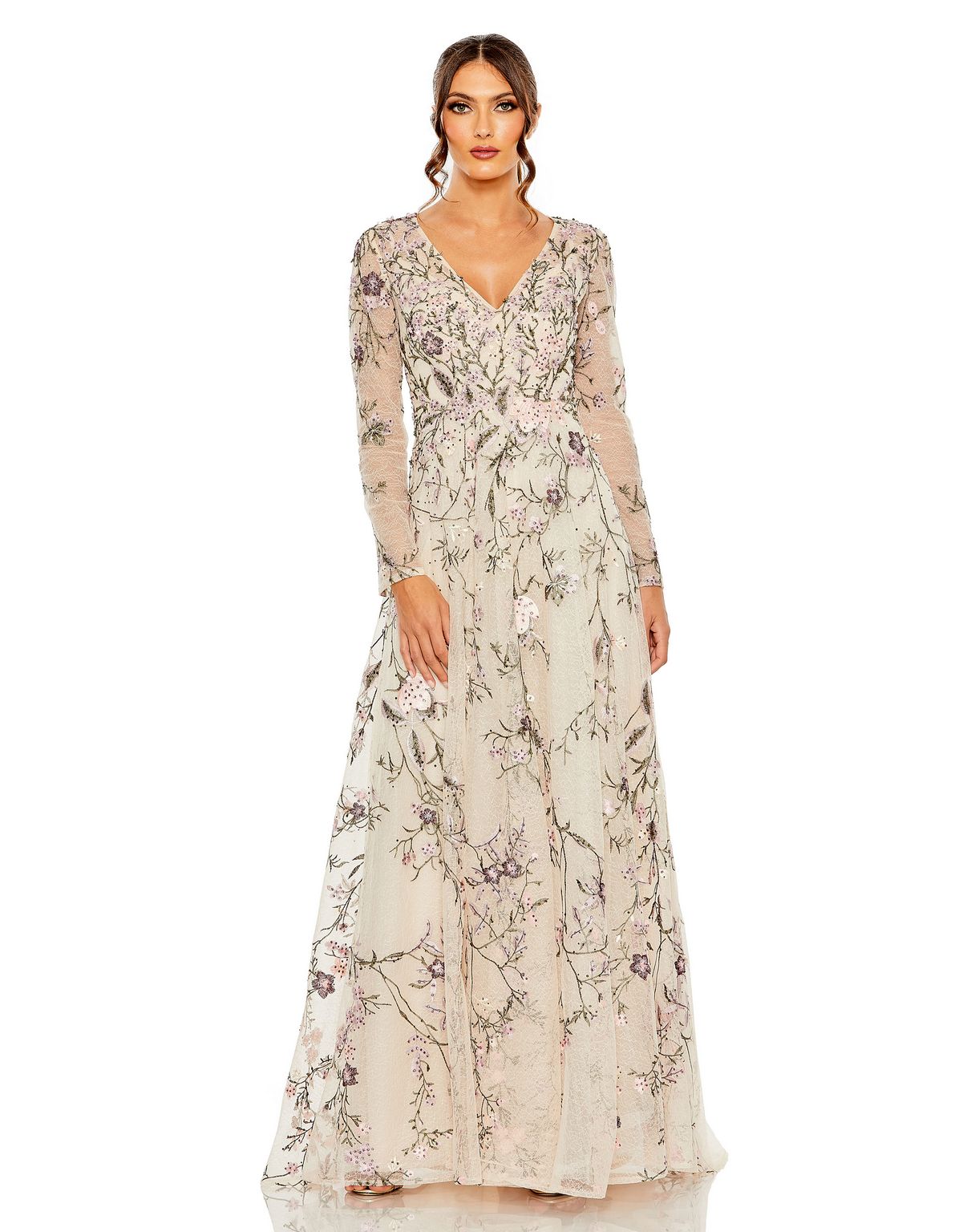 Formal Dresses Long Sleeve Formal Floral Evening Dress Blush