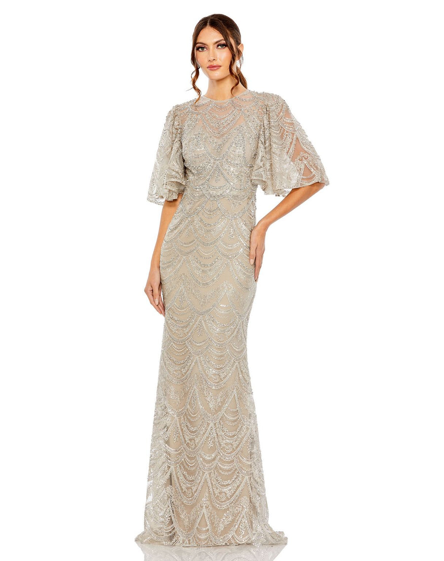 Formal Dresses Long Sequin Formal Flutter Sleeve Evening Dress Taupe