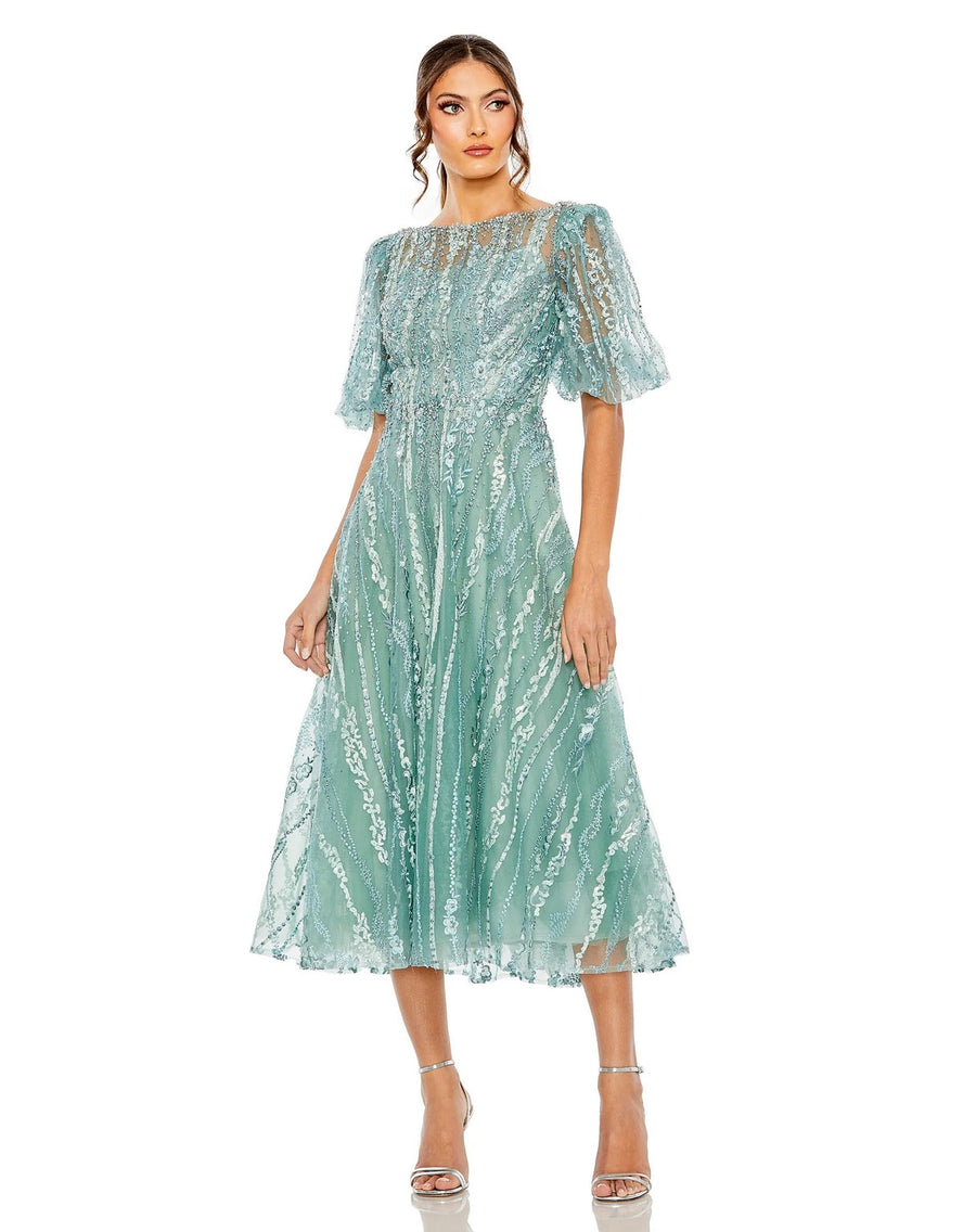 Cocktail Dresses Puff Sleeve Embellished A Line Midi Dress Seafoam