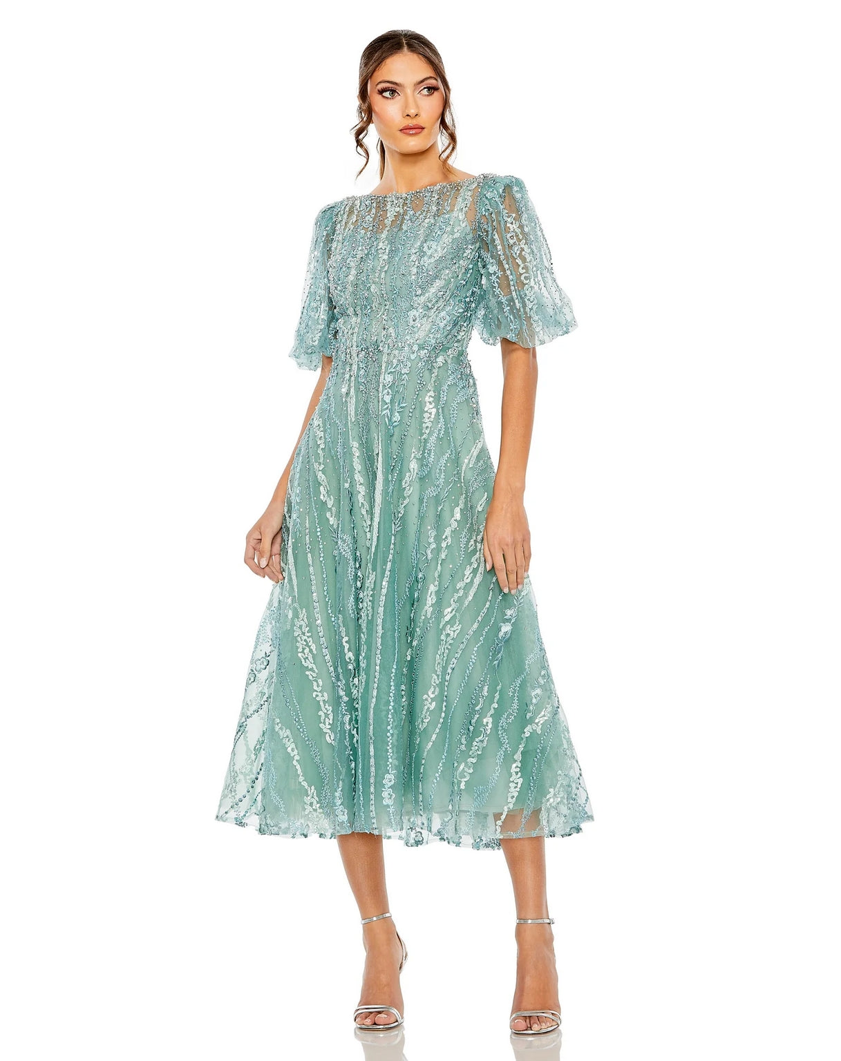Cocktail Dresses Puff Sleeve Embellished A Line Midi Dress Seafoam