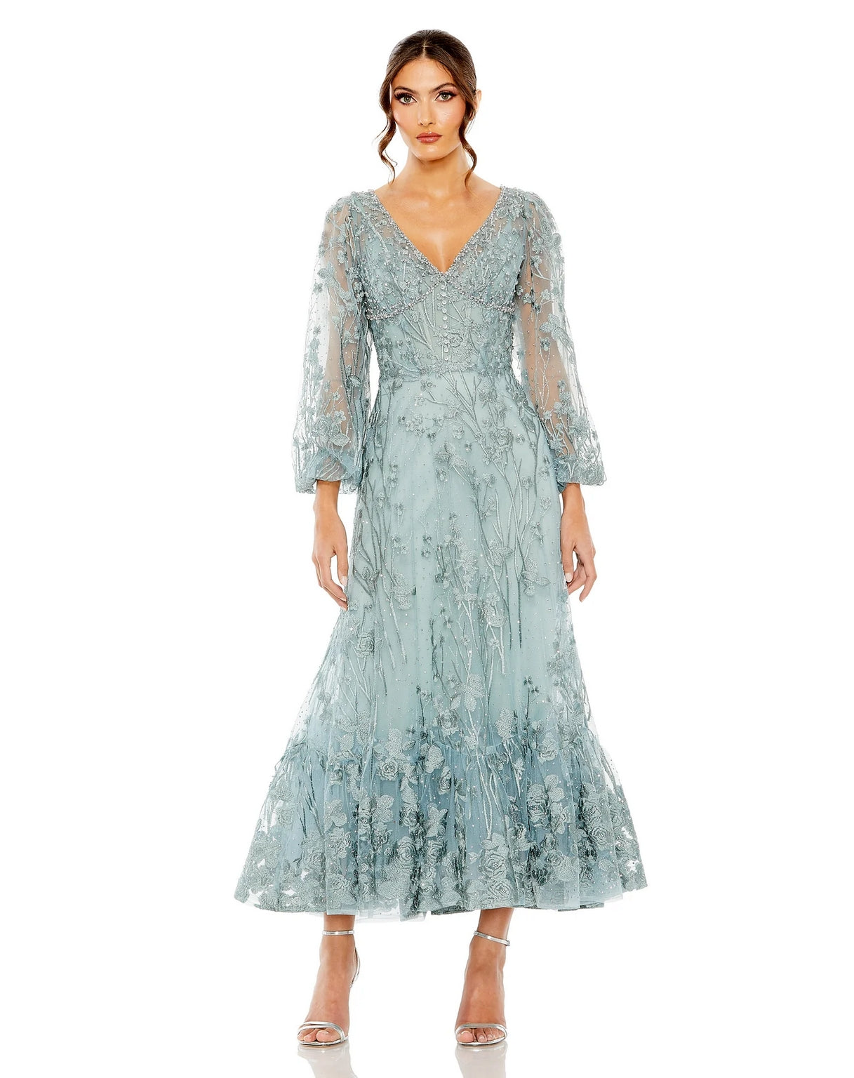 Formal Dresses Formal Dresses Long Puff Sleeve Tea Length Dress Seafoam