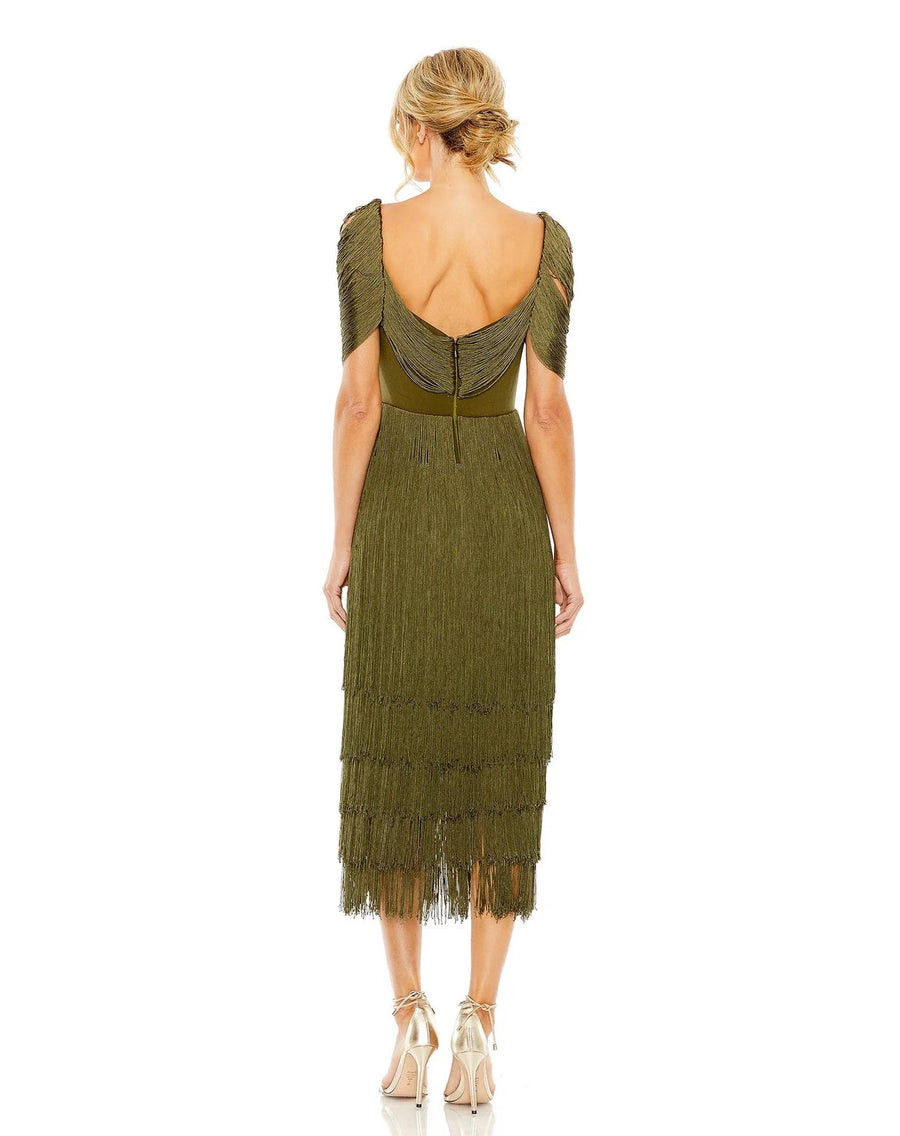 Formal Dresses Short Sleeve Fringe Detailed Midi Dress Olive