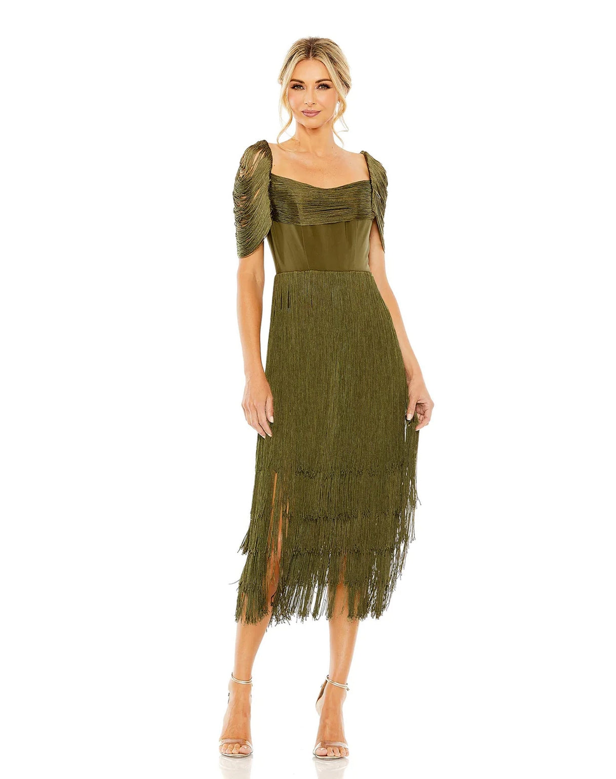Formal Dresses Short Sleeve Fringe Detailed Midi Dress Olive