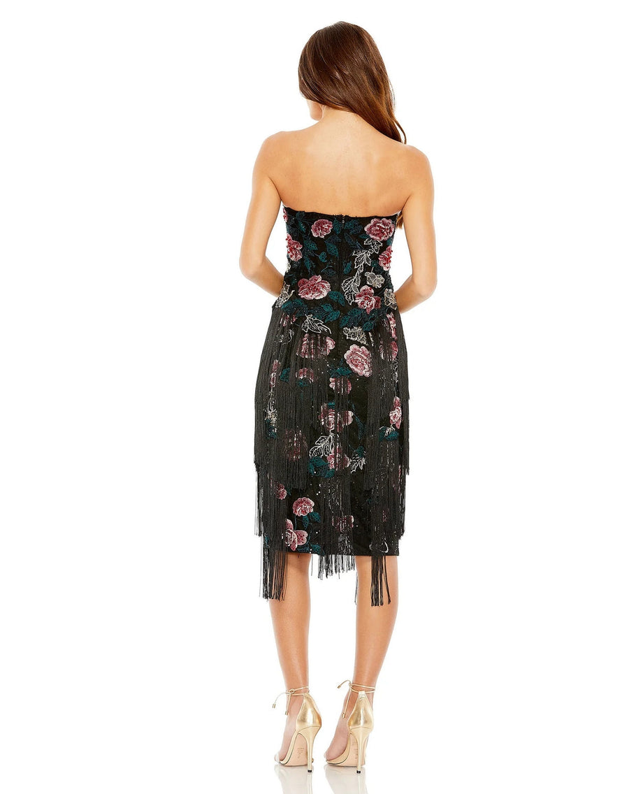 Cocktail Dresses Strapless Floral Embroidered Midi Fringe Dress Black