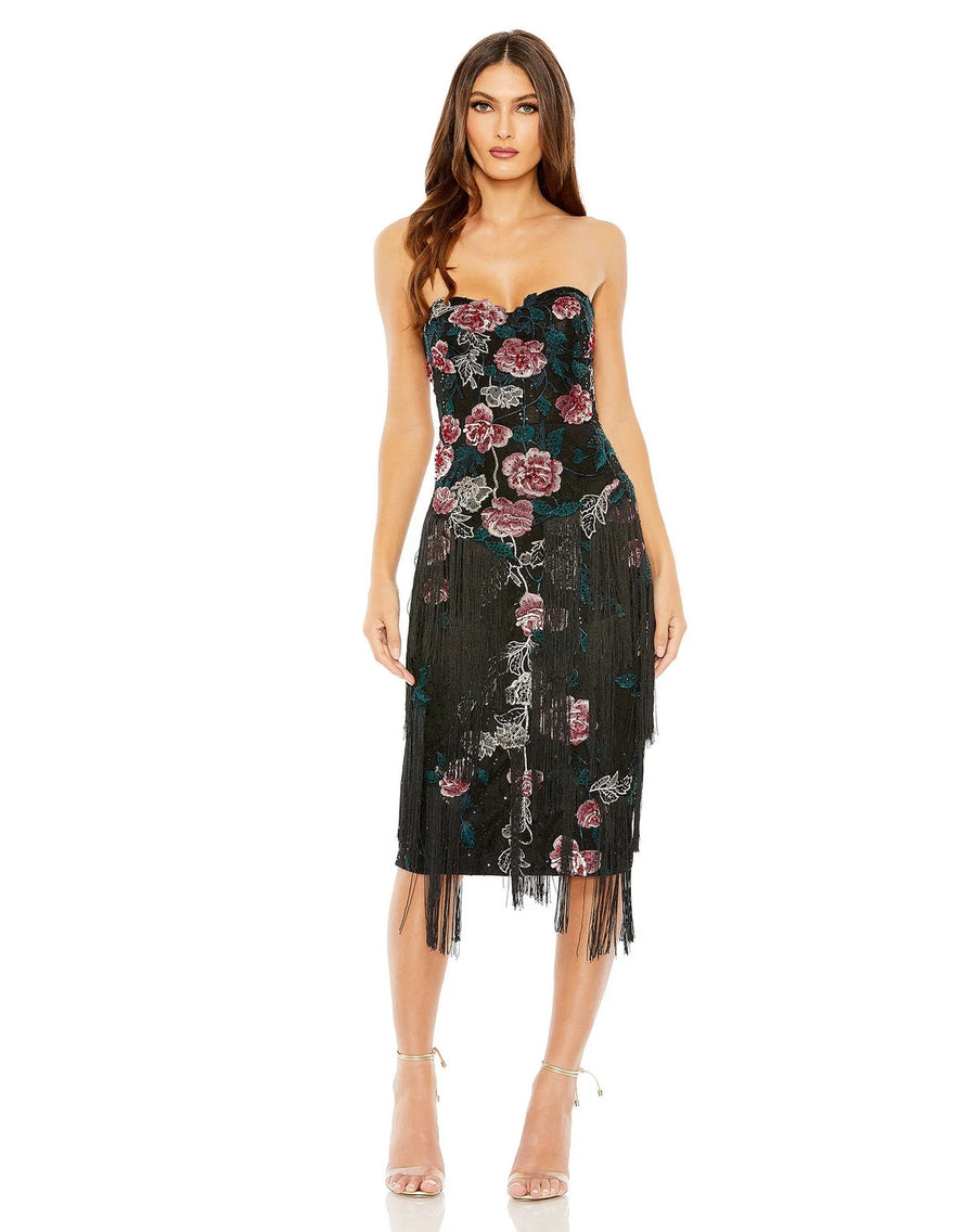 Cocktail Dresses Strapless Floral Embroidered Midi Fringe Dress Black