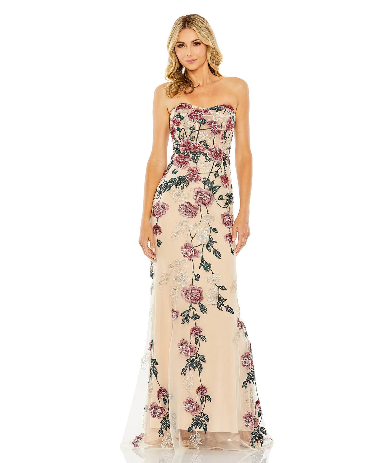 Formal Dresses Long Strapless Floral Embroidered Dress Nude Multi