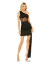 Cocktail Dresses One Shoulder Sheer Bustier Side Drape Sequin Short Dress Black