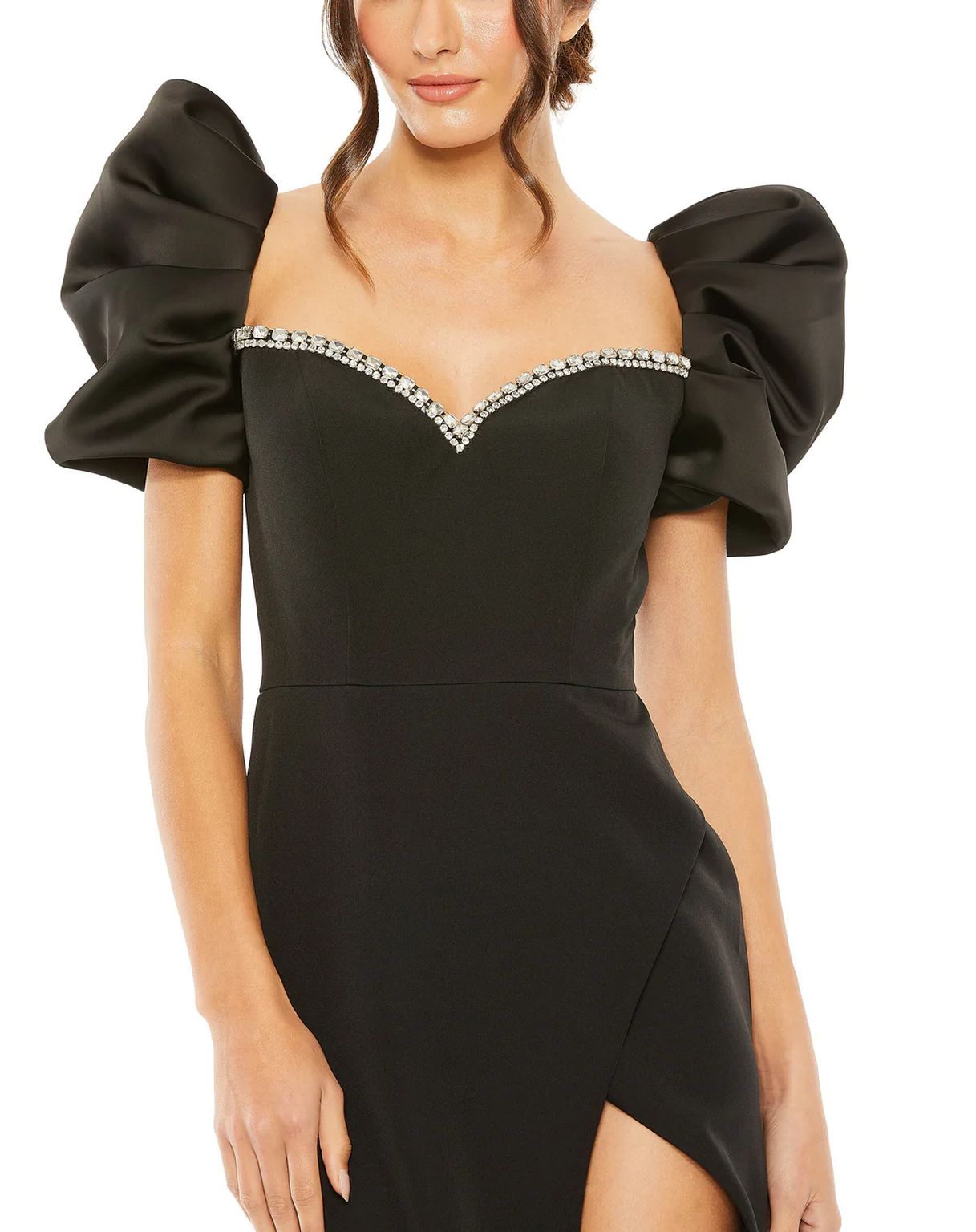 Formal Dresses Long Puff Sleeve Beaded Sweetheart Neck High Slit Dress Black