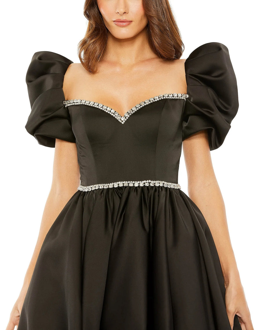 Cocktail Dresses Puff Sleeve Beaded Top Full Skirt Short Dress Black