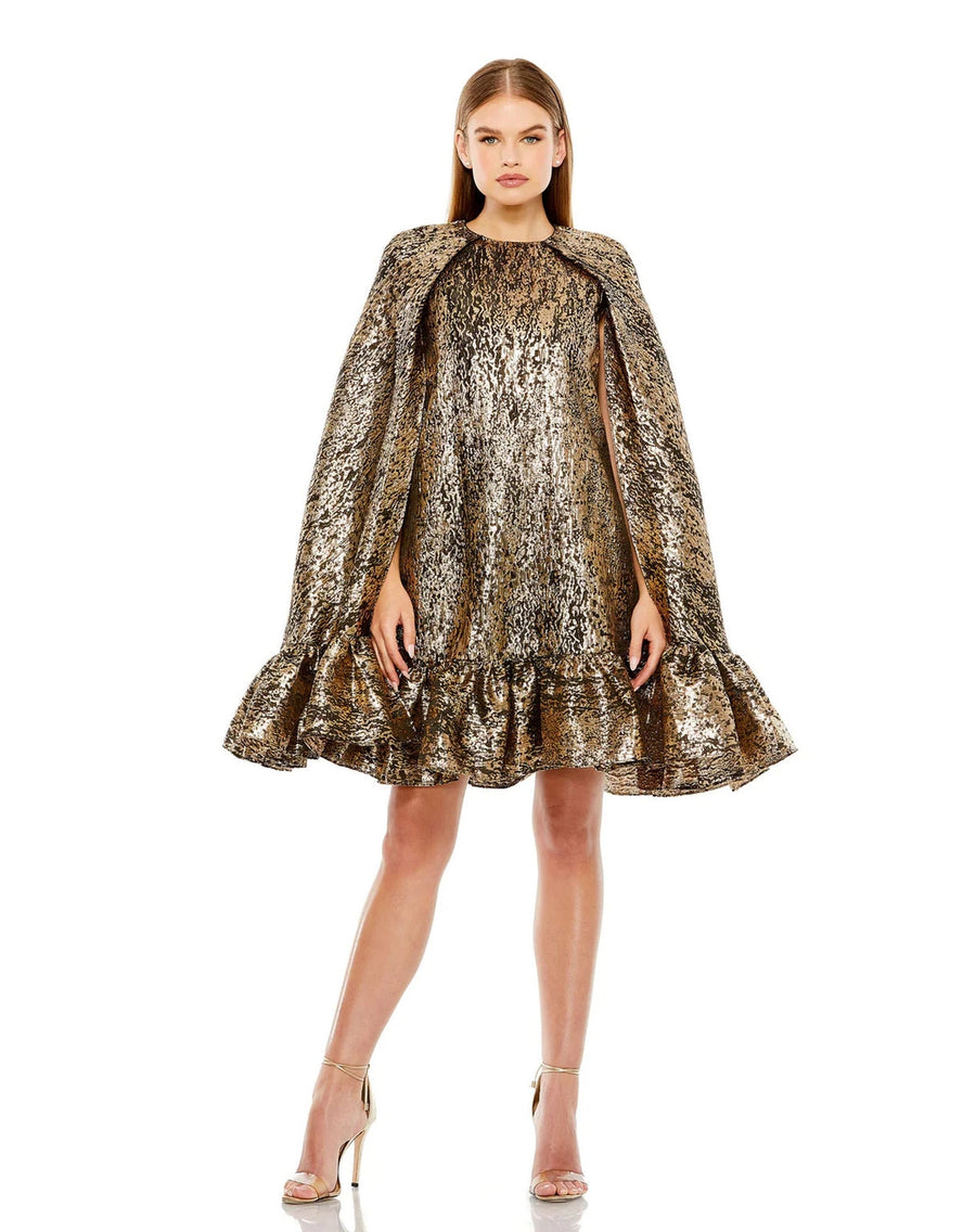 Cocktail Dresses High Neck Cape Sleeve Metallic Trapeze Short dress Bronze