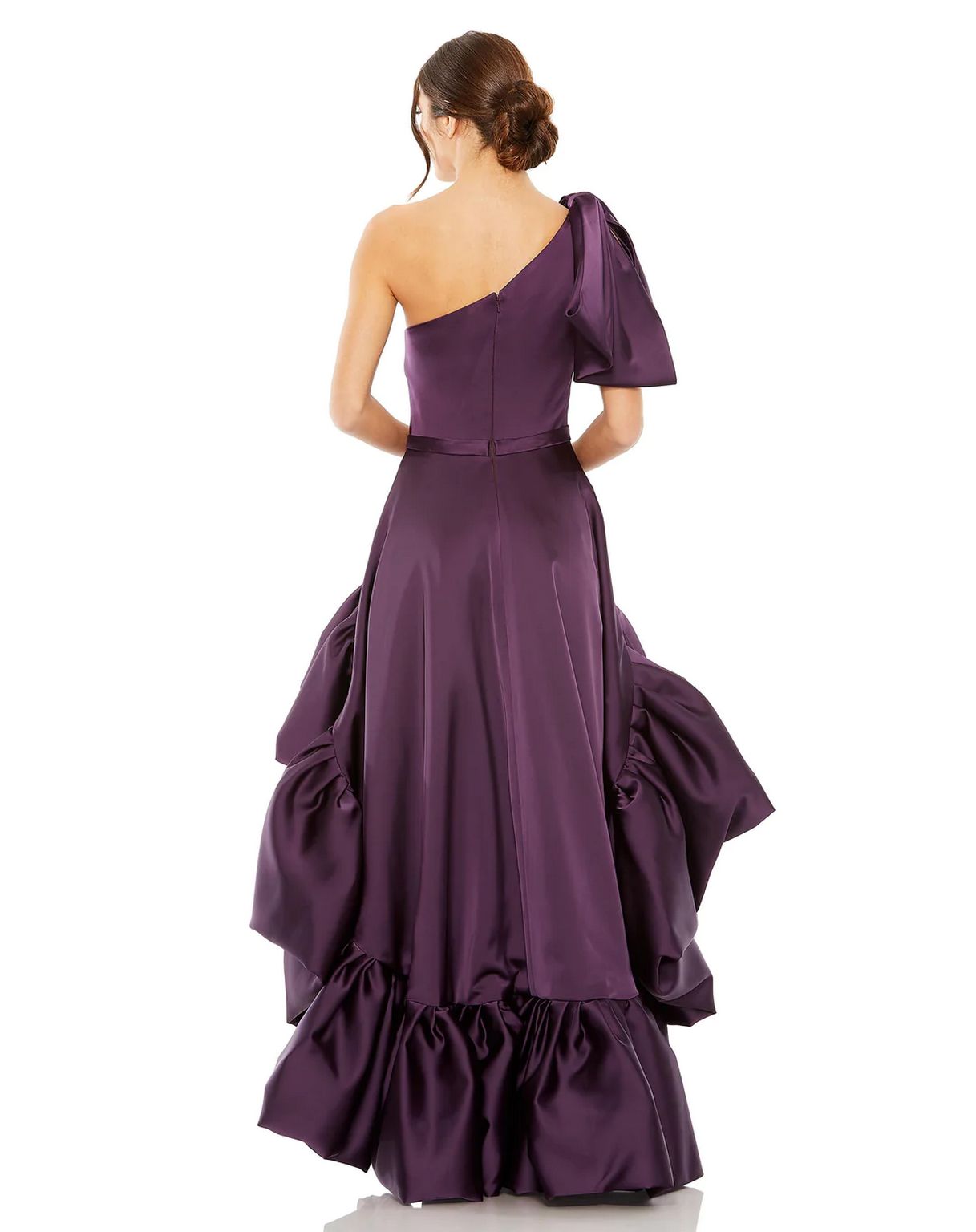 Formal Dresses Long One Shoulder Sleeve Full High Low Pockets Dress Aubergine