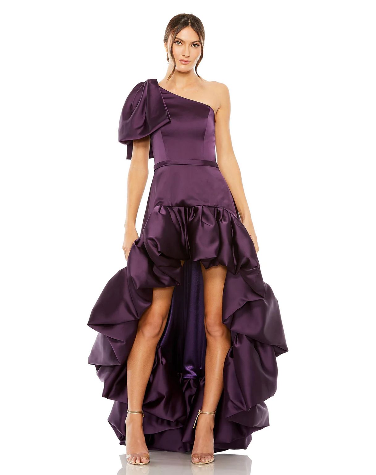 Formal Dresses Long One Shoulder Sleeve Full High Low Pockets Dress Aubergine