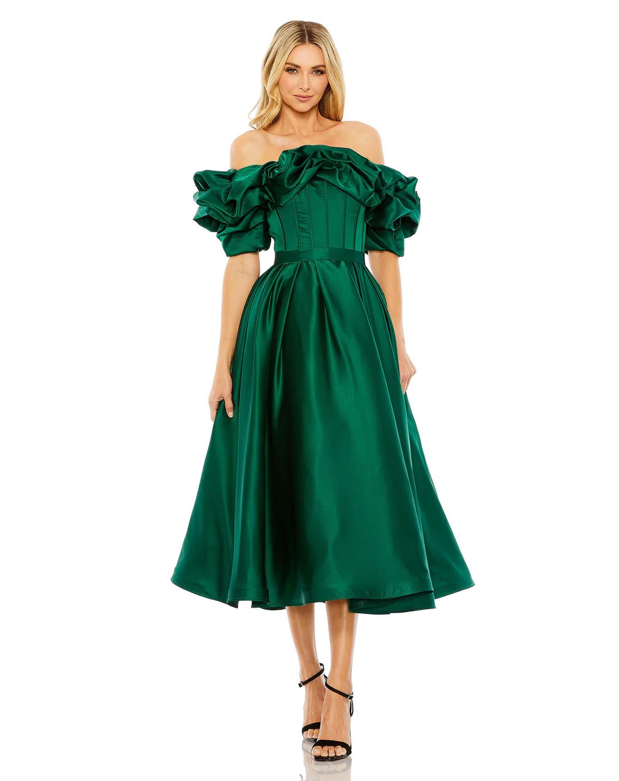 Cocktail Dresses Off Shoulder Ruffle Tea Length Dress Emerald