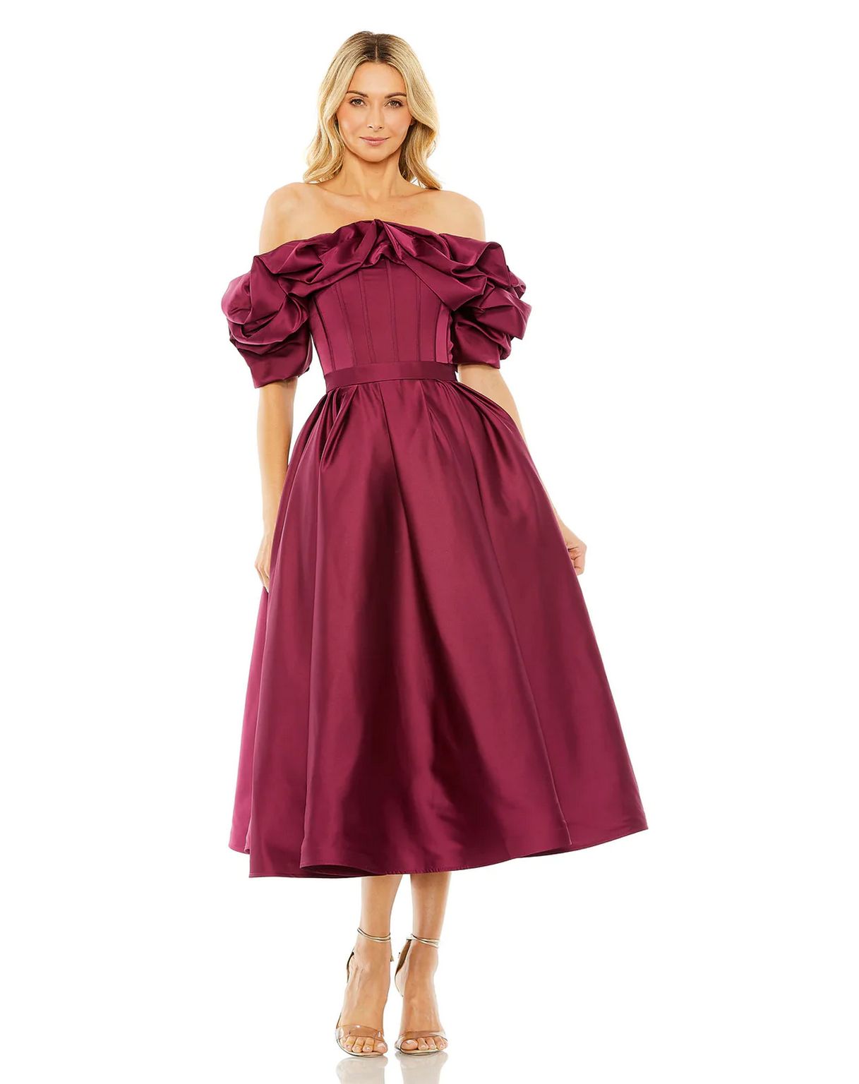 Cocktail Dresses Off Shoulder Ruffle Tea Length Dress Plum