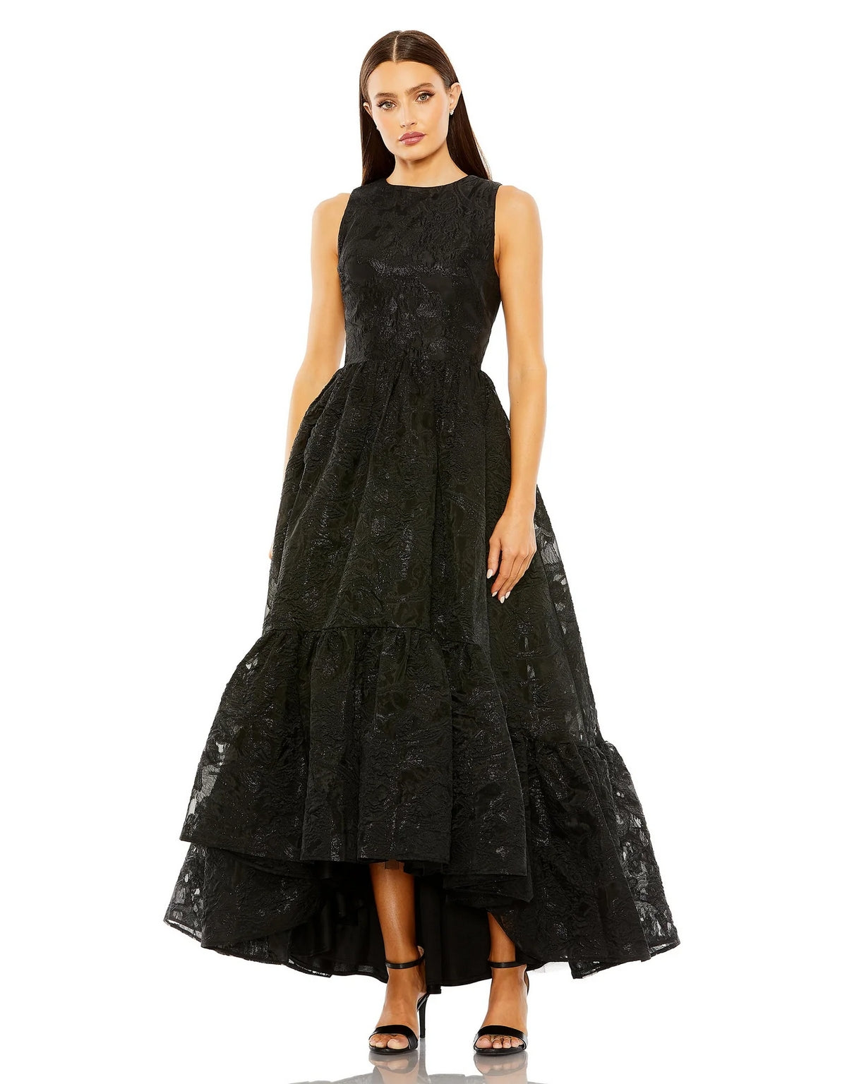 Formal Dresses Sleeveless High Low Brocade Dress Black
