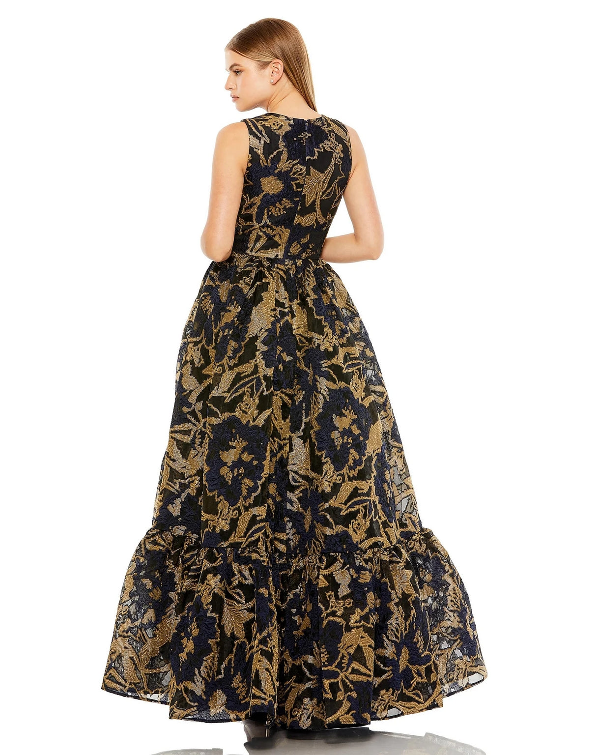Formal Dresses Sleeveless High Low Brocade Dress Midnight Gold