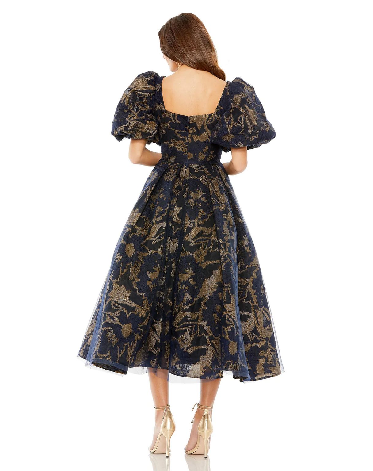 Formal Dresses Puff Sleeve Brocade Pockets Midi Dress Midnight Gold