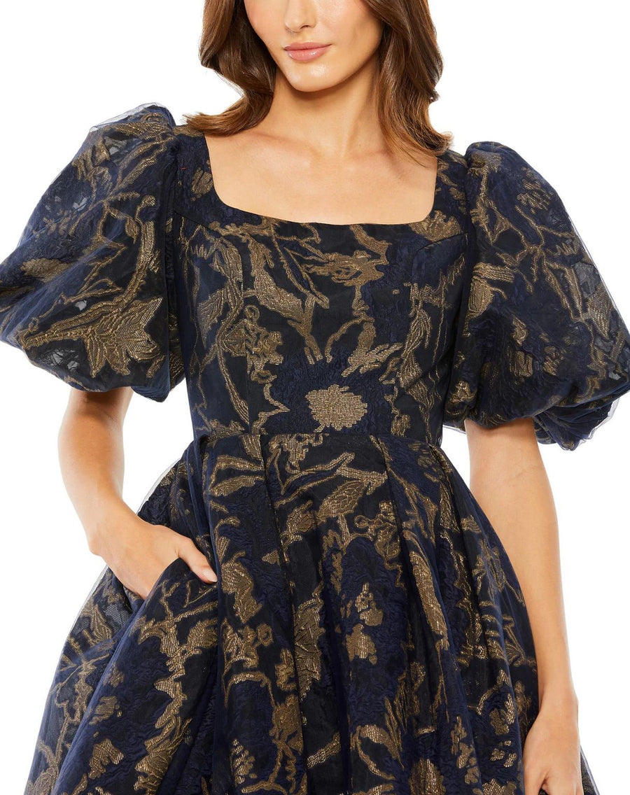 Formal Dresses Puff Sleeve Brocade Pockets Midi Dress Midnight Gold