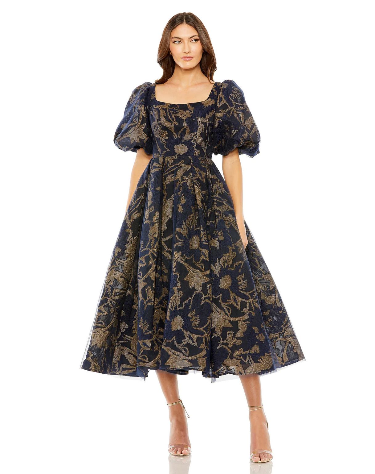 Formal Dresses Puff Sleeve Brocade Pockets Midi Dress Midnight Gold