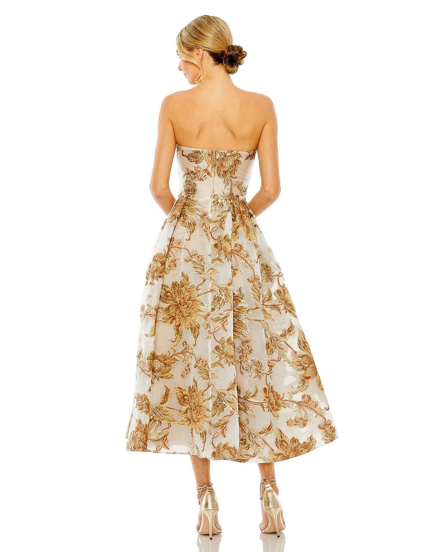 Formal Dresses Strapless Brocade Pockets Midi Dress Bronze