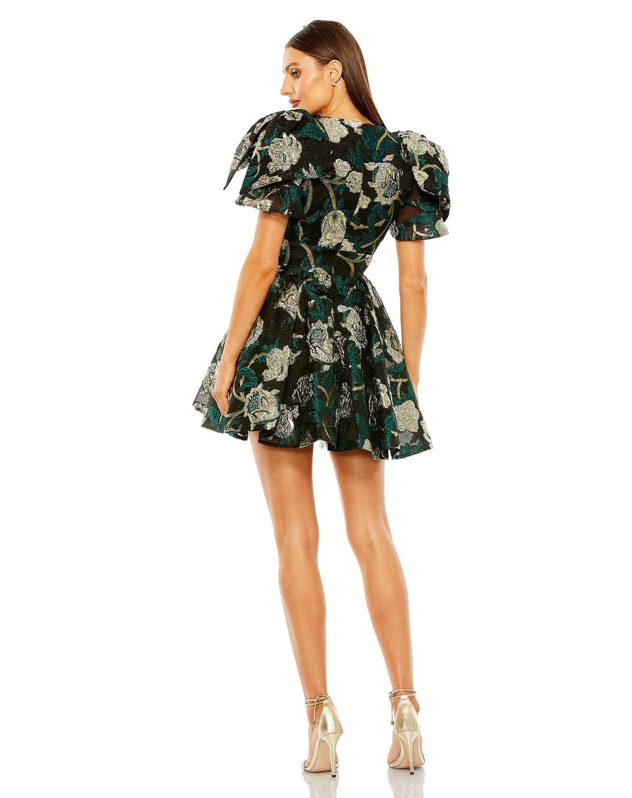 Cocktail Dresses Bow Shoulders Brocade V Neck Pockets Short Dress Emerald