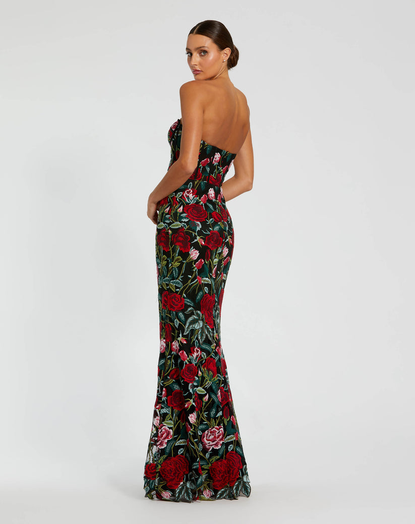 Prom Dresses Long Fitted Floral Applique Formal Dress Black Multi