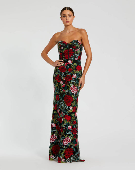 Prom Dresses Long Fitted Floral Applique Formal Dress Black Multi