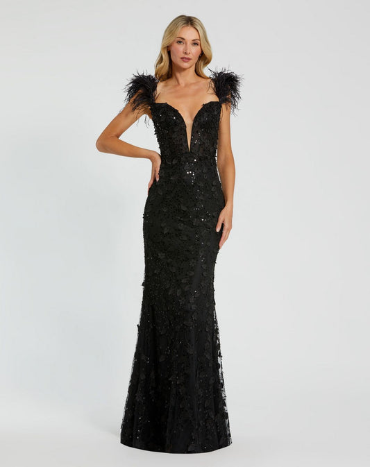 Prom Dresses Long Fitted Feather Straps Prom Dress Black