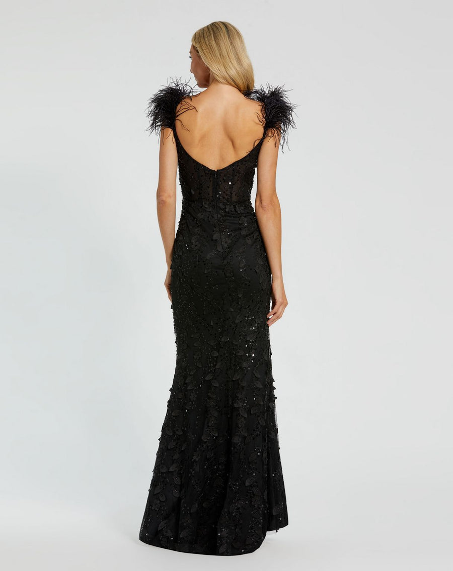 Prom Dresses Long Fitted Feather Straps Prom Dress Black
