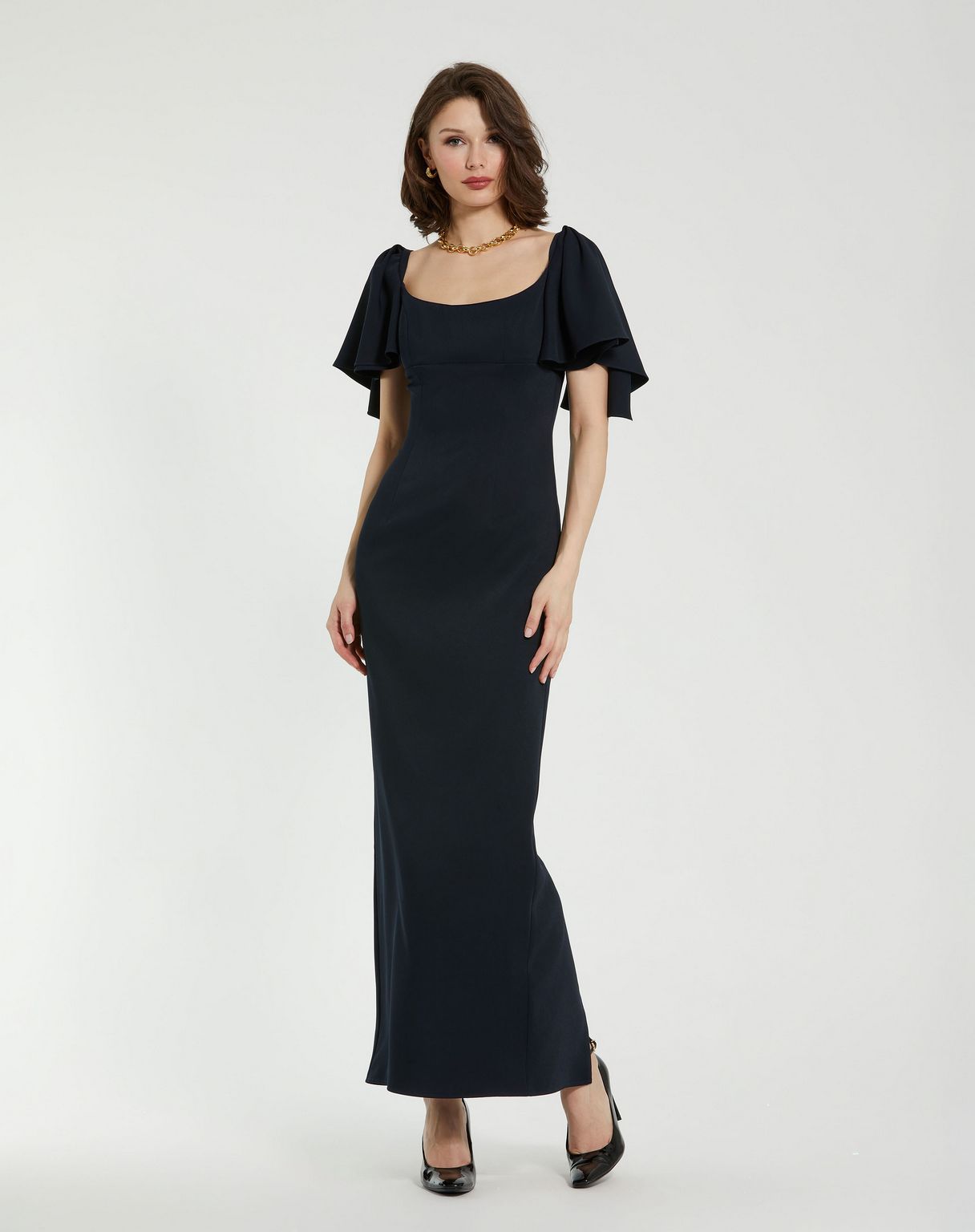 Formal Dresses Tea Length Formal Ruffle Dress Navy