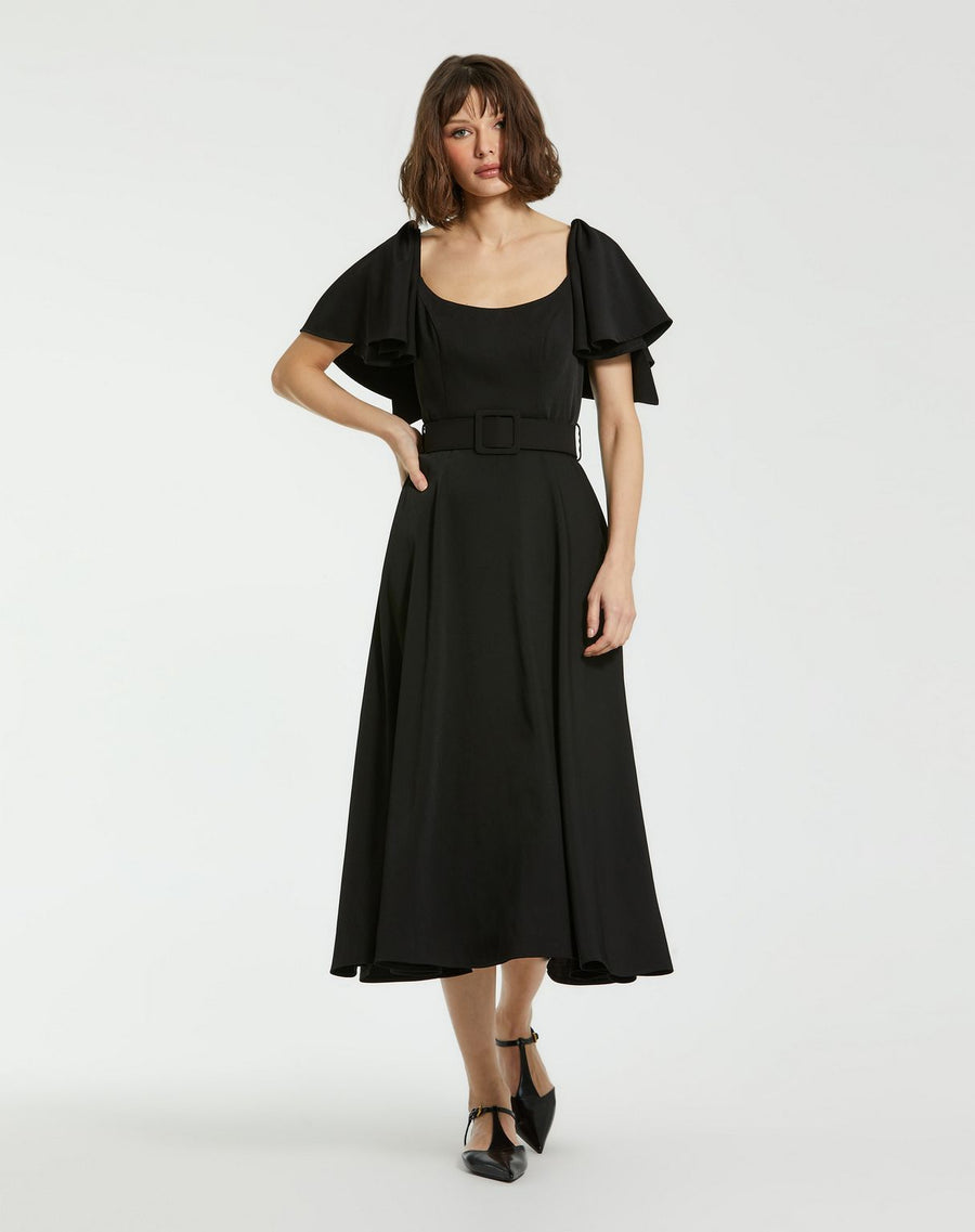 Formal Dresses Ruffle Sleeve Tea Length Formal Dress Black