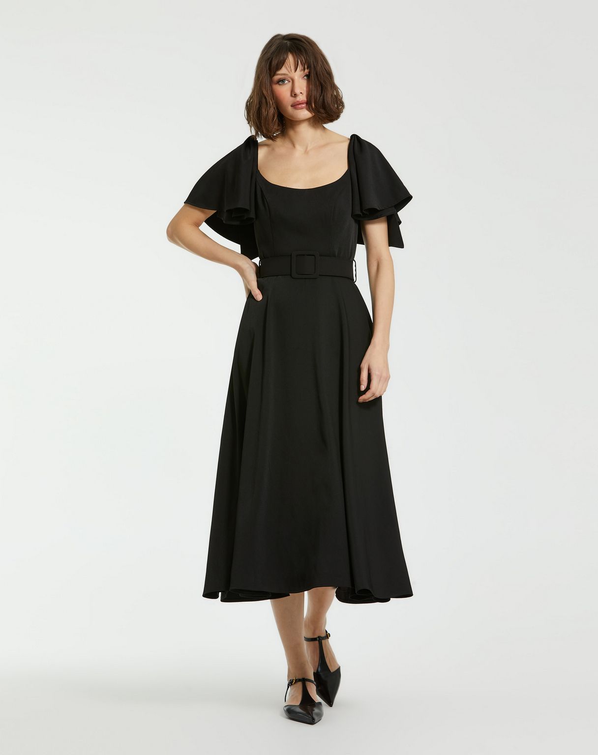 Formal Dresses Ruffle Sleeve Tea Length Formal Dress Black