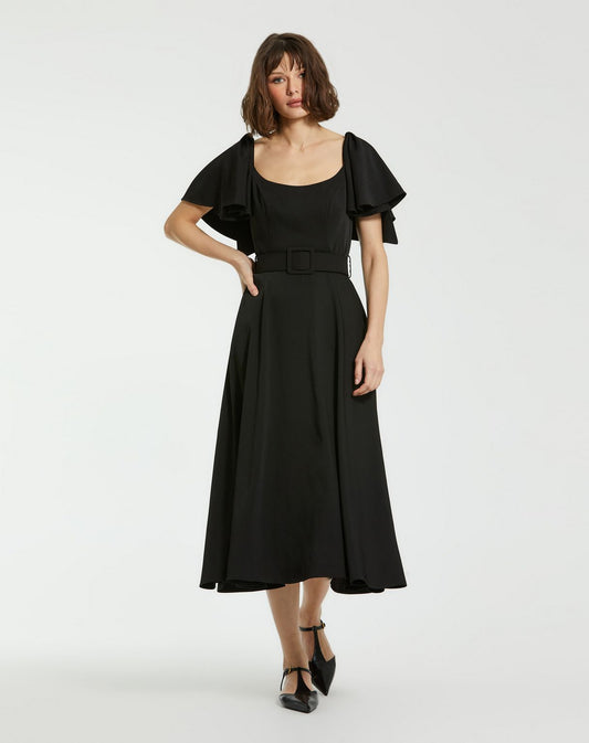 Formal Dresses Ruffle Sleeve Tea Length Formal Dress Black