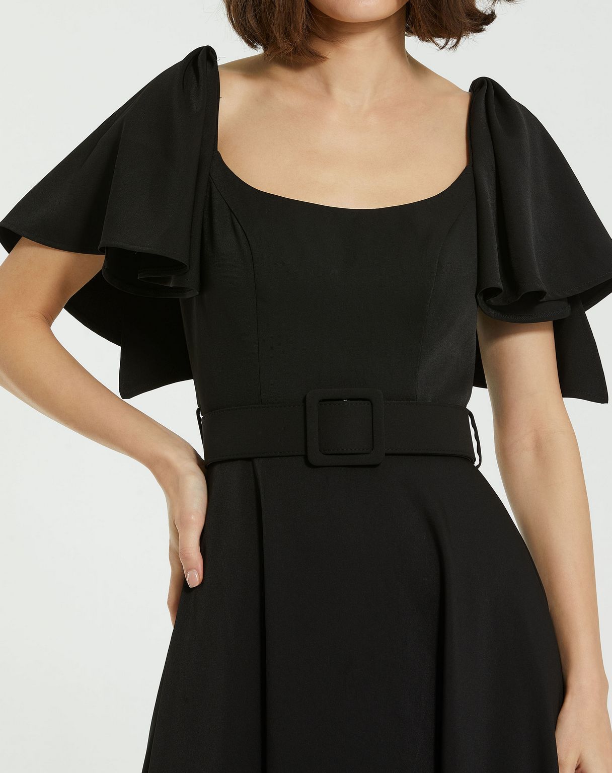 Formal Dresses Ruffle Sleeve Tea Length Formal Dress Black