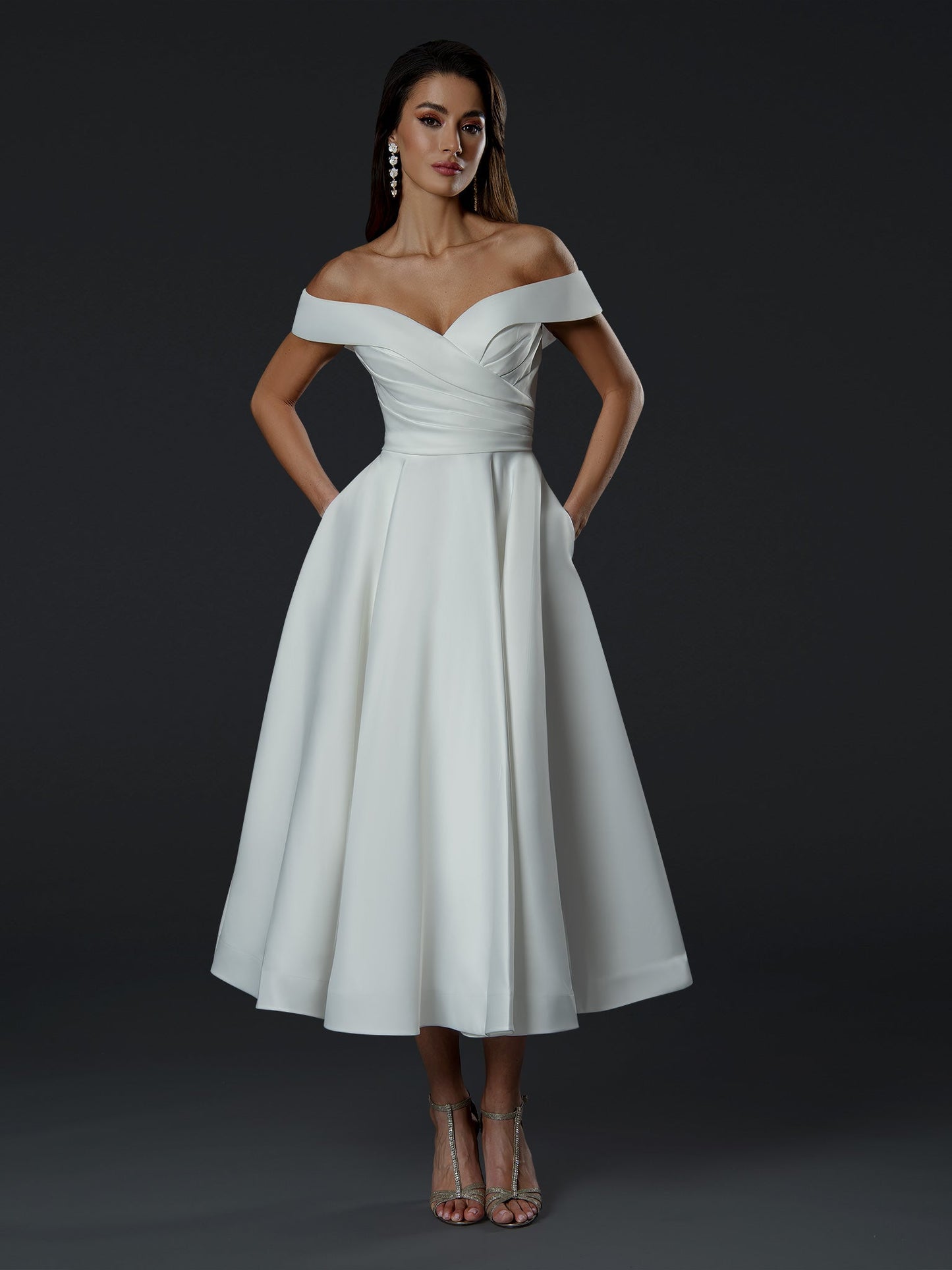 Wedding Dresses Pleated Tea Length Wedding A Line Dress Off White