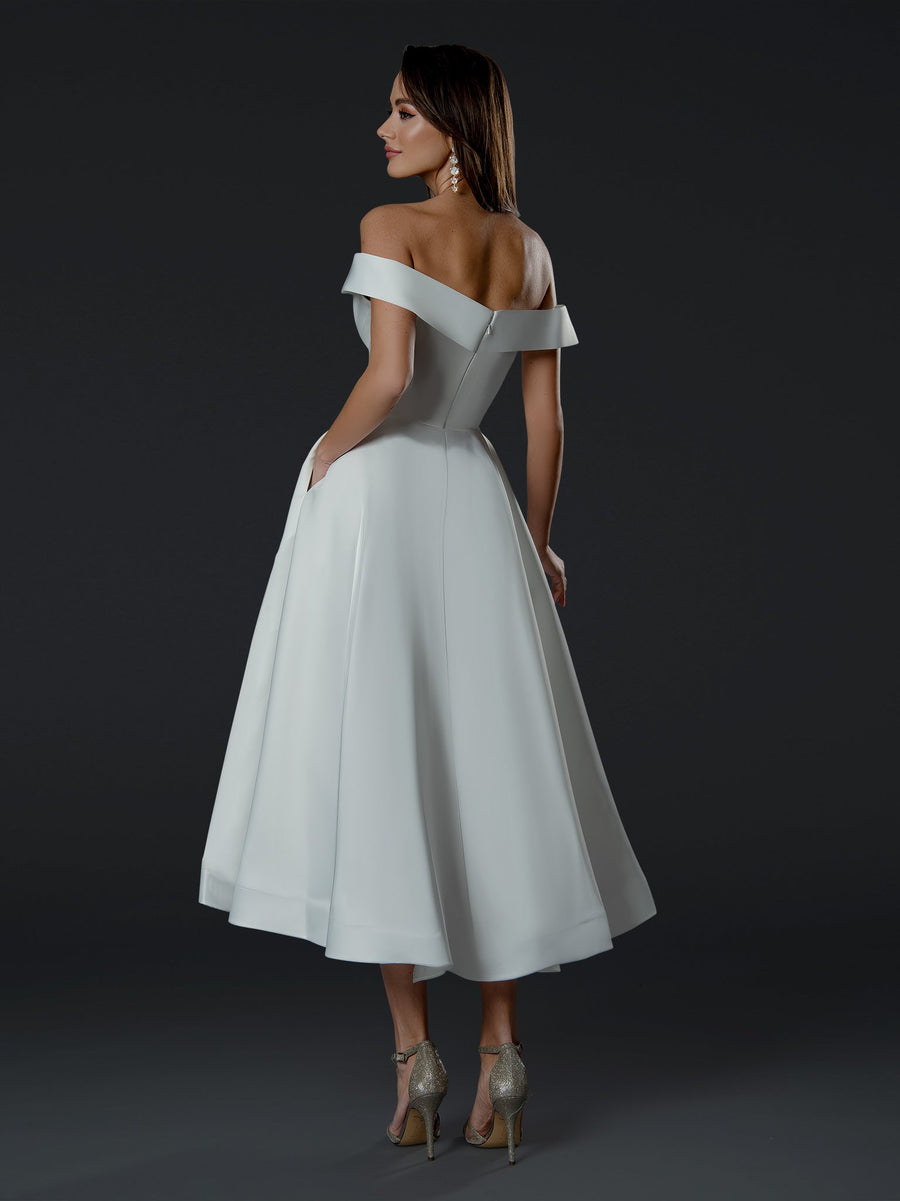 Wedding Dresses Pleated Tea Length Wedding A Line Dress Off White