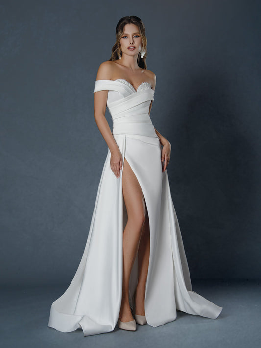 Wedding Dresses Pleated Long Slit Wedding Dress Off White