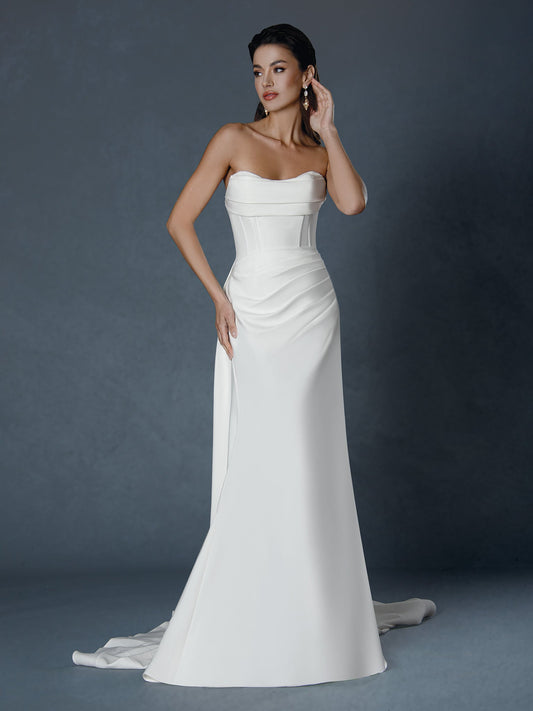 Wedding Dresses Long Simple Pleated Wedding Dress Off White